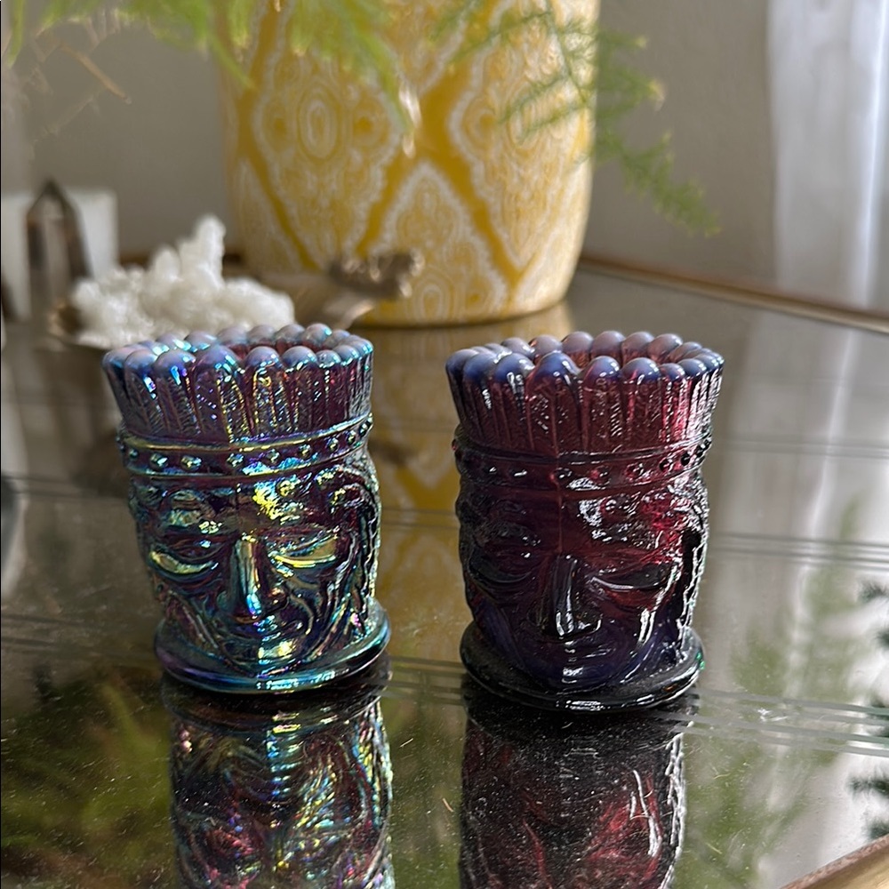 Set of 2 Native American chief head toothpick holders. Vintage. Amethyst glass